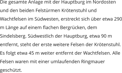 Die gesamte Anlage mit der Hauptburg im Nordosten und den beiden Felstürmen Krötenstuhl und Wachtfelsen im Südwesten, erstreckt sich über etwa 290 m Länge auf einem flachen Bergrücken, dem Sindelsberg. Südwestlich der Hauptburg, etwa 90 m entfernt, steht der erste weitere Felsen der Krötenstuhl. Es folgt etwa 45 m weiter entfernt der Wachtfelsen. Alle Felsen waren mit einer umlaufenden Ringmauer geschützt.