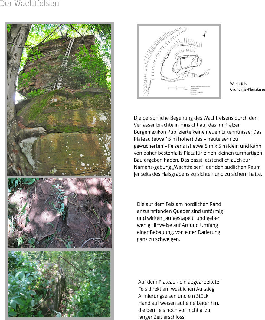 Der Wachtfelsen  Die persönliche Begehung des Wachtfelsens durch den Verfasser brachte in Hinsicht auf das im Pfälzer Burgenlexikon Publizierte keine neuen Erkenntnisse. Das Plateau (etwa 15 m höher) des – heute sehr zu gewucherten – Felsens ist etwa 5 m x 5 m klein und kann von daher bestenfalls Platz für einen kleinen turmartigen Bau ergeben haben. Das passt letztendlich auch zur Namens-gebung „Wachtfelsen“, der den südlichen Raum jenseits des Halsgrabens zu sichten und zu sichern hatte.  Die auf dem Fels am nördlichen Rand anzutreffenden Quader sind unförmig und wirken „aufgestapelt“ und geben wenig Hinweise auf Art und Umfang einer Bebauung, von einer Datierung ganz zu schweigen.   Auf dem Plateau - ein abgearbeiteter Fels direkt am westlichen Aufstieg. Armierungseisen und ein Stück Handlauf weisen auf eine Leiter hin, die den Fels noch vor nicht allzu langer Zeit erschloss.  Wachtfels Grundriss-Planskizze