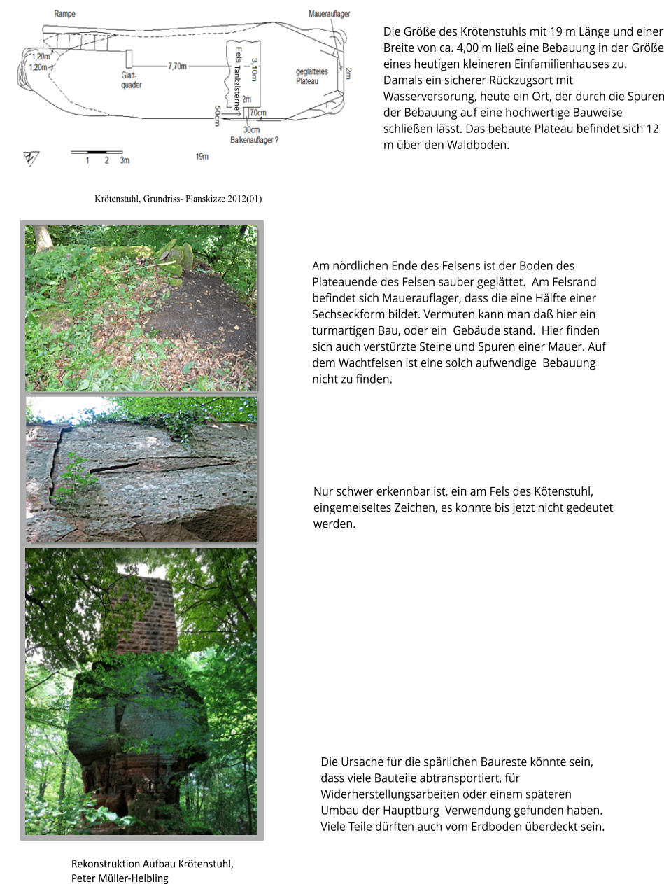 Rekonstruktion Aufbau Krötenstuhl,  Peter Müller-Helbling  Die Ursache für die spärlichen Baureste könnte sein, dass viele Bauteile abtransportiert, für Widerherstellungsarbeiten oder einem späteren Umbau der Hauptburg  Verwendung gefunden haben. Viele Teile dürften auch vom Erdboden überdeckt sein.    Krötenstuhl, Grundriss- Planskizze 2012(01)  Die Größe des Krötenstuhls mit 19 m Länge und einer Breite von ca. 4,00 m ließ eine Bebauung in der Größe eines heutigen kleineren Einfamilienhauses zu. Damals ein sicherer Rückzugsort mit Wasserversorung, heute ein Ort, der durch die Spuren der Bebauung auf eine hochwertige Bauweise schließen lässt. Das bebaute Plateau befindet sich 12 m über den Waldboden.  Am nördlichen Ende des Felsens ist der Boden des Plateauende des Felsen sauber geglättet.  Am Felsrand befindet sich Mauerauflager, dass die eine Hälfte einer Sechseckform bildet. Vermuten kann man daß hier ein turmartigen Bau, oder ein  Gebäude stand.  Hier finden sich auch verstürzte Steine und Spuren einer Mauer. Auf dem Wachtfelsen ist eine solch aufwendige  Bebauung nicht zu finden.  Nur schwer erkennbar ist, ein am Fels des Kötenstuhl, eingemeiseltes Zeichen, es konnte bis jetzt nicht gedeutet werden.  Tankzisterne