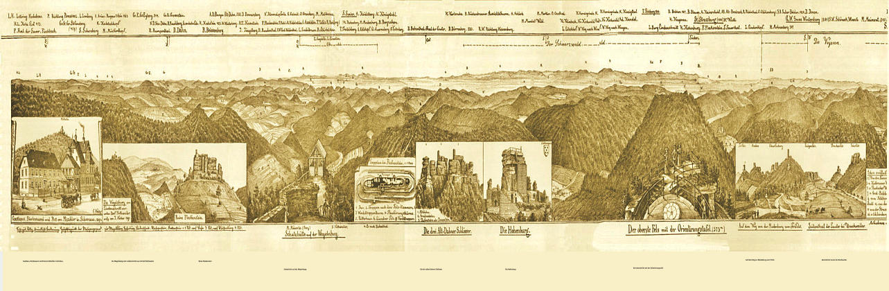 Gasthaus, Bierbrauerei und Post von Mischler in Schönau. Die Wegelnburg vom Lindenschmitt aus mit Dorf Nothweiler. Ruine Fleckenstein Schutzhütte auf der Wegelnburg Die drei alten Dahner Schlösser. Die Hohenburg Der oberste Fels mit der Orientierungstafel Auf dem Weg zur Madenburg vom Trifels. Seitental der Lauter bei Bruchweiler