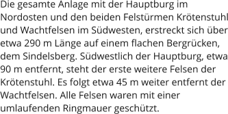 Die gesamte Anlage mit der Hauptburg im Nordosten und den beiden Felstürmen Krötenstuhl und Wachtfelsen im Südwesten, erstreckt sich über etwa 290 m Länge auf einem flachen Bergrücken, dem Sindelsberg. Südwestlich der Hauptburg, etwa 90 m entfernt, steht der erste weitere Felsen der Krötenstuhl. Es folgt etwa 45 m weiter entfernt der Wachtfelsen. Alle Felsen waren mit einer umlaufenden Ringmauer geschützt.